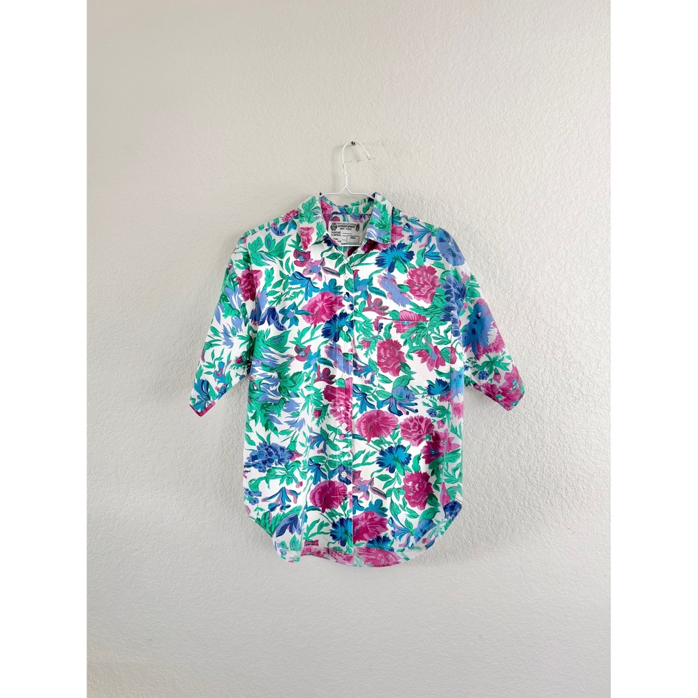 Andrew Sports New York Floral Womens M White 80s Vintage Short Sleeve